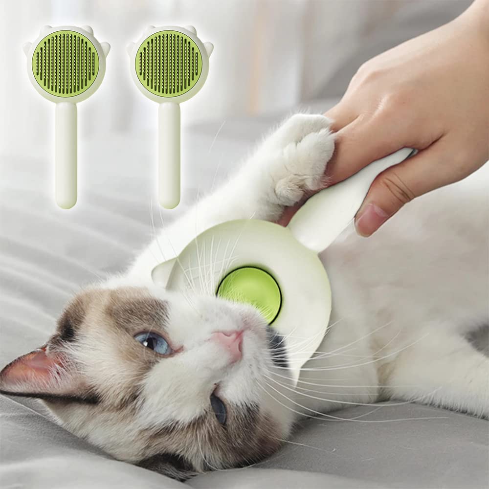 Self-cleaning slicker brush on a cat