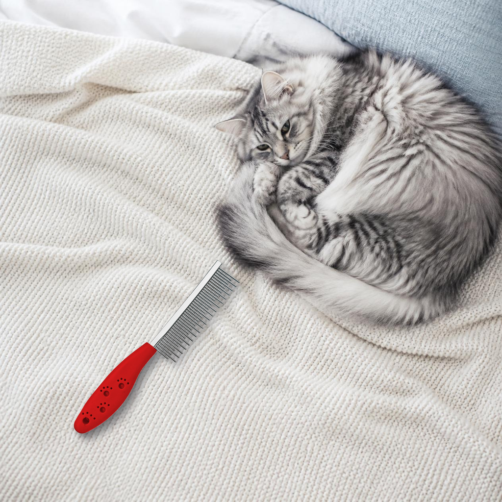 Red dematting comb on a blanket next to a fluffy gray cat