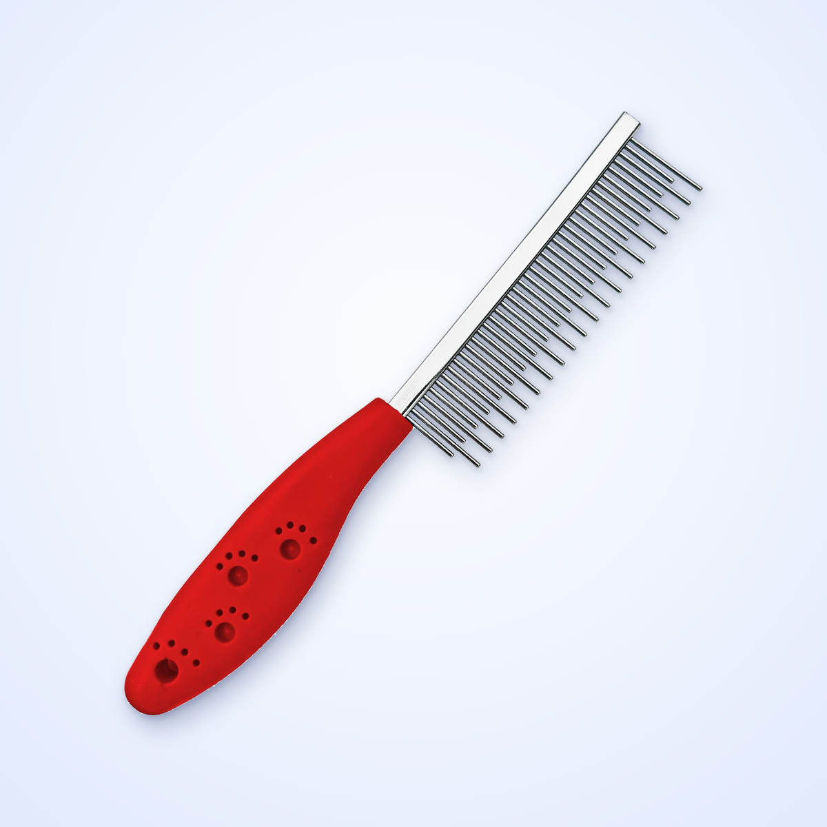 Dematting comb with red handle and stainless steel teeth