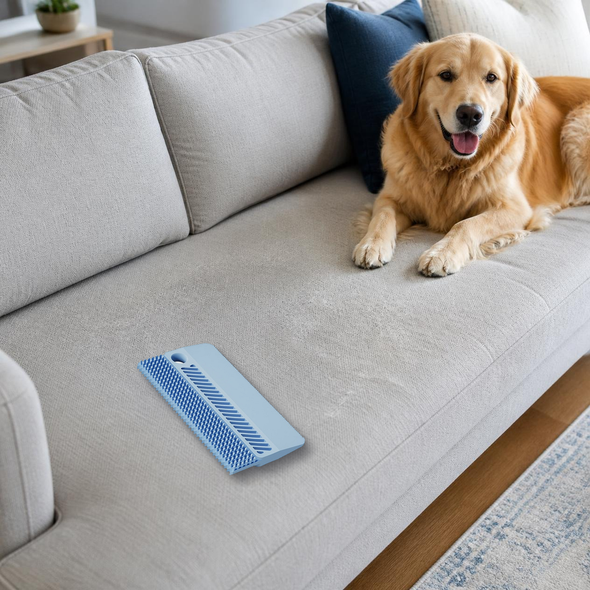 Blue rubber pet hair remover on a couch next to a golden retriever